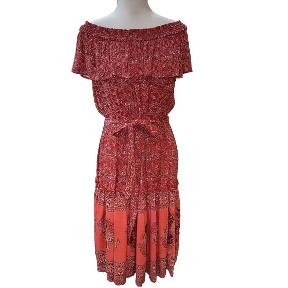 Nostalgia Red Orange Paisley Off Shoulder Dress Boho Ruffle Belted Midi L NWT - Picture 3 of 13
